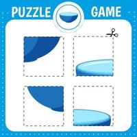 Puzzle game for kids. Cut and glue bowl. Cutting practice.  Education developing worksheet. Activity page. vector