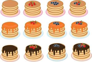 pancakes with maple syrup, honey, chocolate, blueberries and strawberries on a plate in flat style. set of elements for design. food, american dessert vector