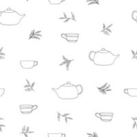 cup, teapot, tea leaves seamless pattern hand drawn in doodle style. hot drink, tea ceremony. textile, wrapping paper, background, wallpaper vector