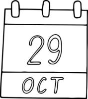 calendario dibujado a mano en estilo garabato. 29 de octubre. día mundial del ictus, psoriasis, fecha. icono, elemento adhesivo para el diseño. planificación, vacaciones de negocios vector