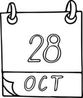 calendario dibujado a mano en estilo garabato. 28 de octubre. día internacional de la animación, fecha. icono, elemento adhesivo para el diseño. planificación, vacaciones de negocios vector