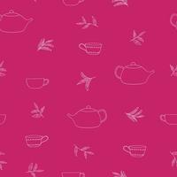 taza, tetera, hojas de té patrón sin costuras dibujado a mano en estilo garabato. bebida caliente, ceremonia del té. textil, papel de regalo, fondo, papel pintado vector