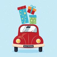 coche retro rojo para navidad con regalos en el techo. la tarjeta de feliz navidad o el afiche se pueden usar como una impresión en recuerdos y ropa para navidad vector