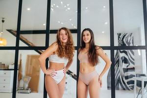 Two young women standing wearing lingerie confident look at camera photo