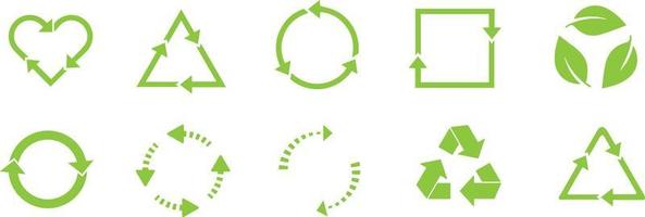 Recycle icon set. Arrows, heart and leaf recycle eco symbol. Rounded angles. Recycled signs vector illustration isolated on white background.