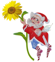färgrik fantastisk varelse gnome i årgång stil med en solros blomma för vykort, barns böcker och grattis. png