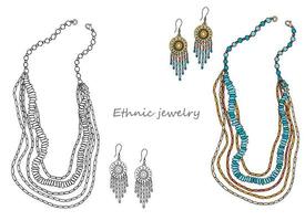 Handmade jewelry in ethnic style beads in several rows and earrings vector
