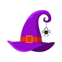 Purple witch hat with buckle and a spider. Decorative element in flat style. Symbol of witchcraft. Traditional halloween element. Vector Illustration isolated on white background.