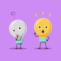 Vector illustration of a cartoon character concept, a cute yellow lightbulb turns off and on in the process of searching for ideas. A symbol of thought and intelligence