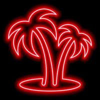 Red neon outline of two palm trees on the beach on a black background. Rest, travel, vacation vector