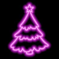 Pink neon outline of a Christmas tree with a star on a black background vector