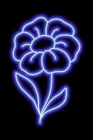 Neon blue flower with petals and leaves on a black background. Simple illustration vector