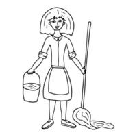 A doodle young woman in an apron washes the floors. vector