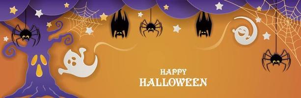 Happy Halloween Vector Background Illustration With A Haunted Tree, Ghosts, Bats, And Spiders.