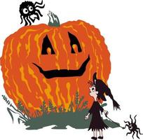 Happy Halloween. A big cheerful pumpkin lantern and a little witch. vector