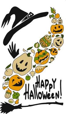 Happy halloween. A pumpkin tornado under a witch's hat.