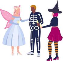 Friends with costumes celebrating Halloween semi flat color vector characters. Editable figures. Full body people on white. Simple cartoon style illustration for web graphic design and animation