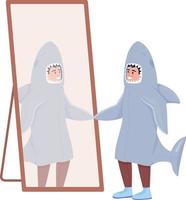 Boy looking at his reflection semi flat color vector character. Editable figure. Full body person on white. Shark costume simple cartoon style illustration for web graphic design and animation