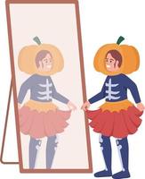 Girl looking at her reflection semi flat color vector character. Editable figure. Full body person on white. Pumpkin costume simple cartoon style illustration for web graphic design and animation