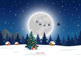 feliz navidad y feliz año nuevo tarjeta de felicitación con santa claus y luna llena en la noche de invierno vector