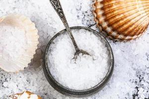 salt cellar, shells and coarse Sea Salt close up photo