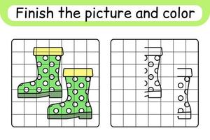 Complete the picture boots. Copy the picture and color. Finish the image. Coloring book. Educational drawing exercise game for children vector