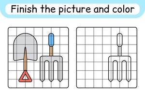 Complete the picture pitchfork and shovel. Copy the picture and color. Finish the image. Coloring book. Educational drawing exercise game for children vector