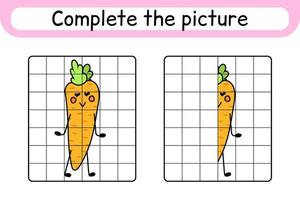 Complete the picture carrot. Copy the picture and color. Finish the image. Coloring book. Educational drawing exercise game for children vector