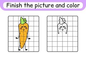 Complete the picture carrot. Copy the picture and color. Finish the image. Coloring book. Educational drawing exercise game for children vector