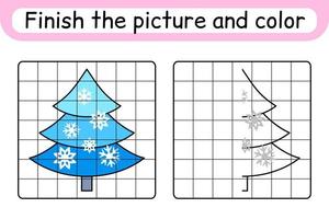 Complete the picture christmas tree. Copy the picture and color. Finish the image. Coloring book. Educational drawing exercise game for children vector