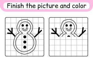 Complete the picture snowman. Copy the picture and color. Finish the image. Coloring book. Educational drawing exercise game for children vector