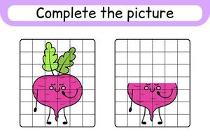 Complete the picture beetroot. Copy the picture and color. Finish the image. Coloring book. Educational drawing exercise game for children vector