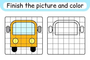 completar el autobús de la imagen. copiar la imagen y el color. terminar la imagen. libro de colorear. juego educativo de ejercicios de dibujo para niños vector