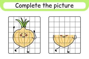 Complete the picture onion. Copy the picture and color. Finish the image. Coloring book. Educational drawing exercise game for children vector