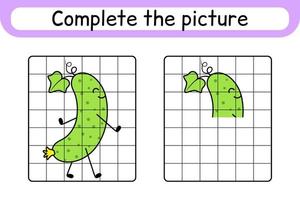 Complete the picture cucumber. Copy the picture and color. Finish the image. Coloring book. Educational drawing exercise game for children vector