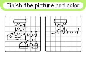 Complete the picture boots. Copy the picture and color. Finish the image. Coloring book. Educational drawing exercise game for children vector