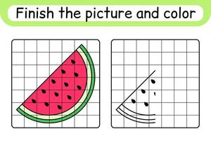 Complete the picture watermelon. Copy the picture and color. Finish the image. Coloring book. Educational drawing exercise game for children vector