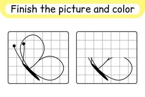 Complete the picture butterfly. Copy the picture and color. Finish the image. Coloring book. Educational drawing exercise game for children vector