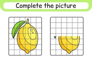 Complete the picture lemon. Copy the picture and color. Finish the image. Coloring book. Educational drawing exercise game for children vector