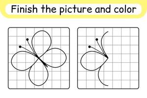 Completa la imagen de la mariposa. copiar la imagen y el color. terminar la imagen. libro de colorear. juego educativo de ejercicios de dibujo para niños vector