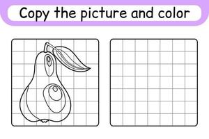 Copy the picture and color pear. Complete the picture. Finish the image. Coloring book. Educational drawing exercise game for children vector