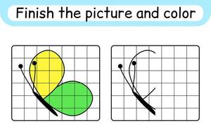 Complete the picture butterfly. Copy the picture and color. Finish the image. Coloring book. Educational drawing exercise game for children vector