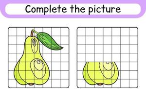 Complete the picture pear. Copy the picture and color. Finish the image. Coloring book. Educational drawing exercise game for children vector