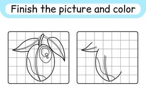 Complete the picture plum. Copy the picture and color. Finish the image. Coloring book. Educational drawing exercise game for children vector