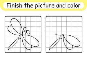 completa la imagen libélula. copiar la imagen y el color. terminar la imagen. libro de colorear. juego educativo de ejercicios de dibujo para niños vector