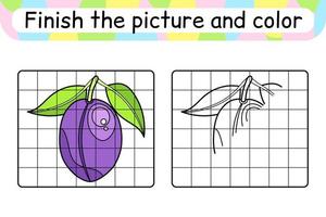 Complete the picture plum. Copy the picture and color. Finish the image. Coloring book. Educational drawing exercise game for children vector