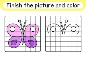 Complete the picture butterfly. Copy the picture and color. Finish the image. Coloring book. Educational drawing exercise game for children vector