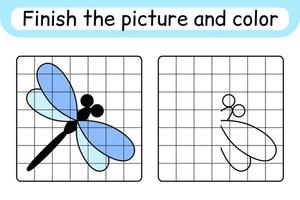 completa la imagen libélula. copiar la imagen y el color. terminar la imagen. libro de colorear. juego educativo de ejercicios de dibujo para niños vector