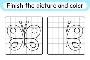 Completa la imagen de la mariposa. copiar la imagen y el color. terminar la imagen. libro de colorear. juego educativo de ejercicios de dibujo para niños vector