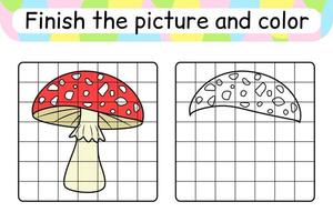 Complete the picture mushroom amanita. Copy the picture and color. Finish the image. Coloring book. Educational drawing exercise game for children vector